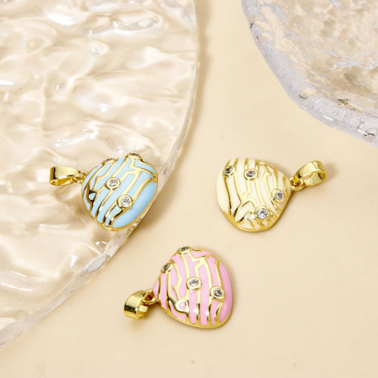 Picture of 2 PCs Brass Charm Pendant 18K Gold Plated Multicolor Shell Enamel Clear Cubic Zirconia 20mm x 16mm