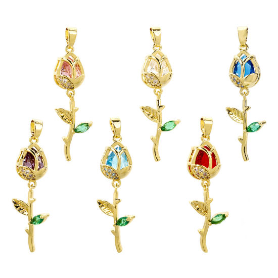 Picture of 2 PCs Brass Pendants 18K Real Gold Plated Tulip Flower Micro Pave Clear Cubic Zirconia 3.8cm x 1.2cm