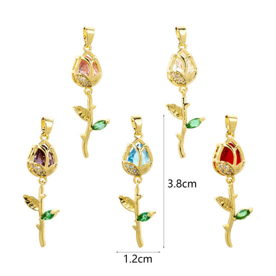 Picture of 2 PCs Brass Pendants 18K Real Gold Plated Tulip Flower Micro Pave Clear Cubic Zirconia 3.8cm x 1.2cm