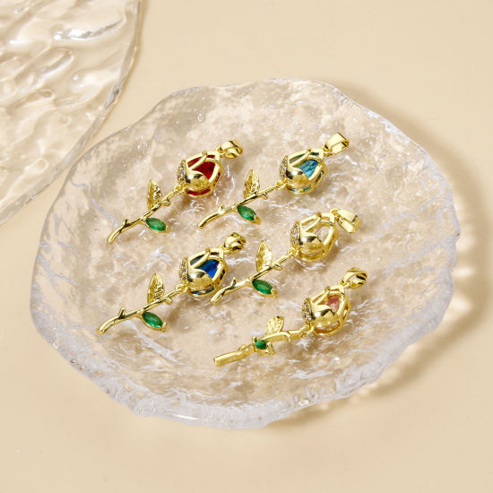 Picture of 2 PCs Brass Pendants 18K Real Gold Plated Tulip Flower Micro Pave Clear Cubic Zirconia 3.8cm x 1.2cm