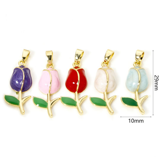 Picture of 2 PCs Brass Charm Pendant 18K Gold Plated Tulip Flower Enamel 29mm x 10mm