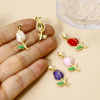 Picture of 2 PCs Brass Charm Pendant Real Gold Plated Tulip Flower Enamel 29mm x 10mm