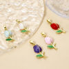 Picture of 2 PCs Brass Charm Pendant Real Gold Plated Tulip Flower Enamel 29mm x 10mm