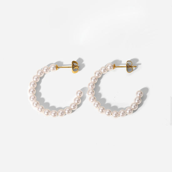 Picture of 1 Pair Eco-friendly PVD Vacuum Plating Stylish Ins Style 18K Real Gold Plated Stainless Steel C Shaped Imitation Pearl Hoop Earrings For Women