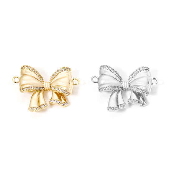 Picture of Eco-friendly Brass Clothes Connectors Charms Pendants Bowknot Real Gold Plated 3D Clear Cubic Zirconia 24mm x 18mm