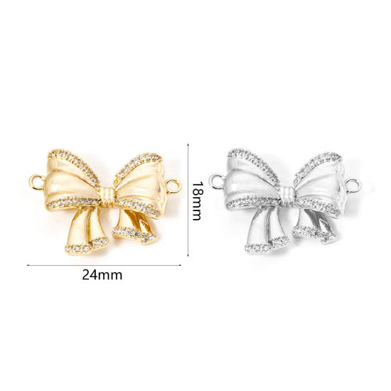 Picture of Eco-friendly Brass Clothes Connectors Charms Pendants Bowknot Real Gold Plated 3D Clear Cubic Zirconia 24mm x 18mm