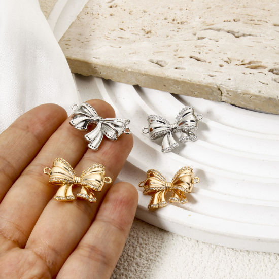 Picture of Eco-friendly Brass Clothes Connectors Charms Pendants Bowknot Real Gold Plated 3D Clear Cubic Zirconia 24mm x 18mm