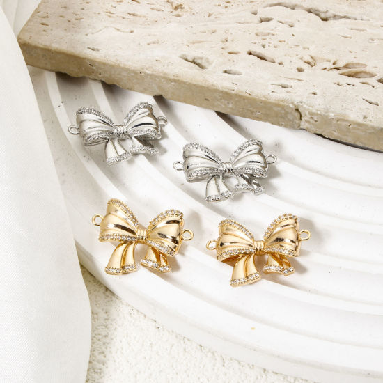 Picture of Eco-friendly Brass Clothes Connectors Charms Pendants Bowknot Real Gold Plated 3D Clear Cubic Zirconia 24mm x 18mm
