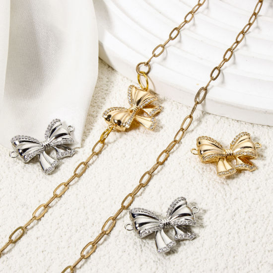 Picture of Eco-friendly Brass Clothes Connectors Charms Pendants Bowknot Real Gold Plated 3D Clear Cubic Zirconia 24mm x 18mm