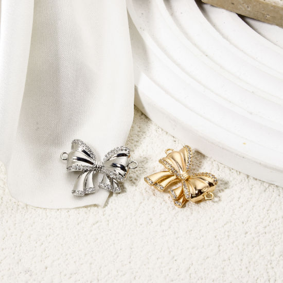 Picture of Eco-friendly Brass Clothes Connectors Charms Pendants Bowknot Real Gold Plated 3D Clear Cubic Zirconia 24mm x 18mm
