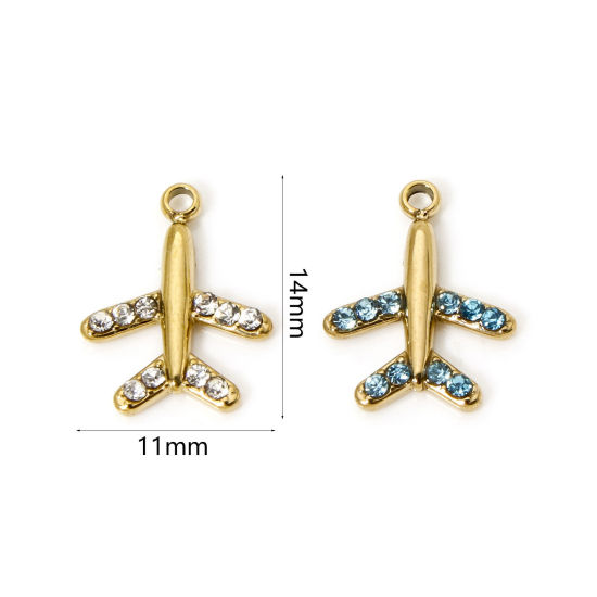 Picture of Eco-friendly PVD Vacuum Plating 304 Stainless Steel Travel Charms 14K Real Gold Plated Airplane Multicolour Cubic Zirconia 14mm x 11mm