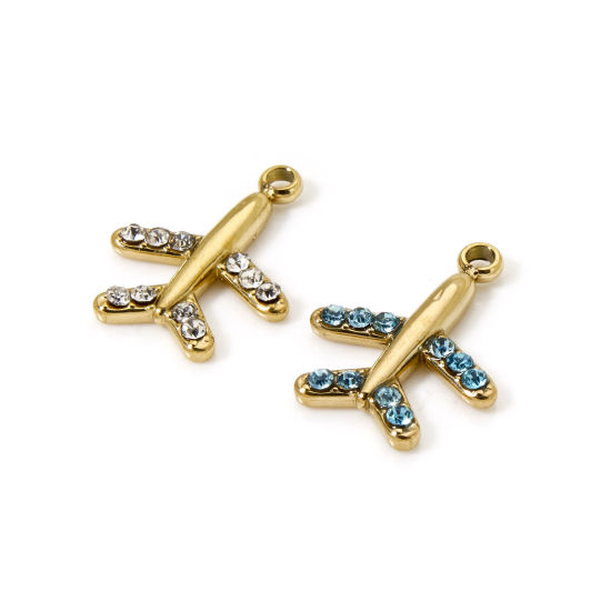 Picture of Eco-friendly PVD Vacuum Plating 304 Stainless Steel Travel Charms 14K Real Gold Plated Airplane Multicolour Cubic Zirconia 14mm x 11mm