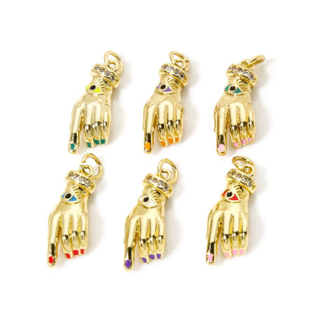 2 個 エコフレンドリー 真鍮 チャーム 手 18Kリアルゴールドメッキ 目 3D クリアジルコン 25mmx 9mm、