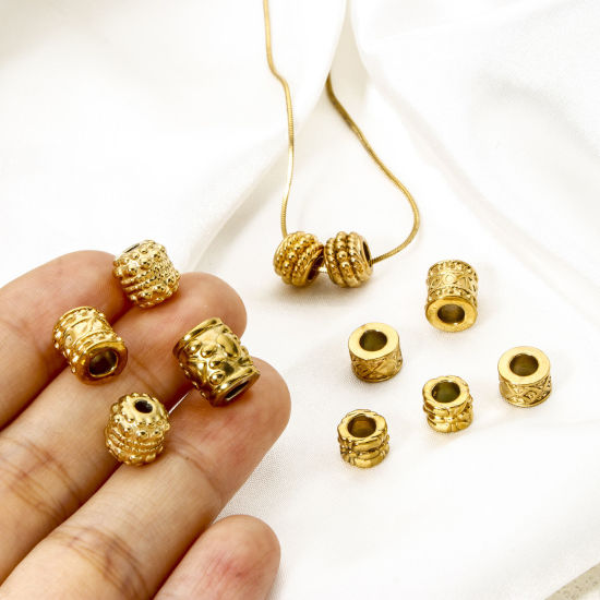 Immagine di 5 Pz Placcatura Sottovuoto Ecologica 304 Acciaio Inossidabile Perline per la Creazione di Gioielli con Fai-da-te 18K Vero Oro Placcato Tamburo Struttura