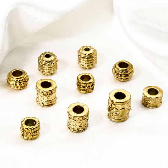 Immagine di 5 Pz Placcatura Sottovuoto Ecologica 304 Acciaio Inossidabile Perline per la Creazione di Gioielli con Fai-da-te 18K Vero Oro Placcato Tamburo Struttura
