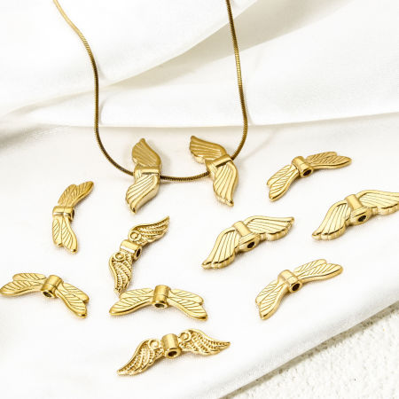 Eco-friendly Vacuum Plating 304 Stainless Steel Beads For DIY Jewelry Making 18K Real Gold Plated Wing