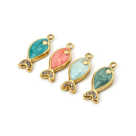 Bild von Umweltfreundliche PVD-Vakuumbeschichtung 304 Edelstahl Ozean Schmuck Charms Fisch 14K Echtgold plattiert Bunt Emaille Transparent Strass 16mm x 6mm