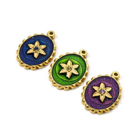 Eco-friendly PVD Vacuum Plating 304 Stainless Steel Flora Collection Charms 14K Real Gold Plated Multicolor Oval Flower Enamel Clear Rhinestone 21mm x 15mm