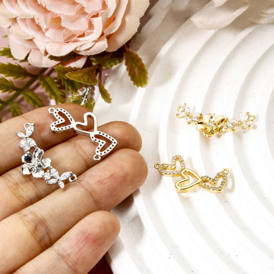 Bild von Umweltfreundlich Messing Steckverbinder Charms Anhänger Herz Blumen Echtgold plattiert Klar Zirkonia