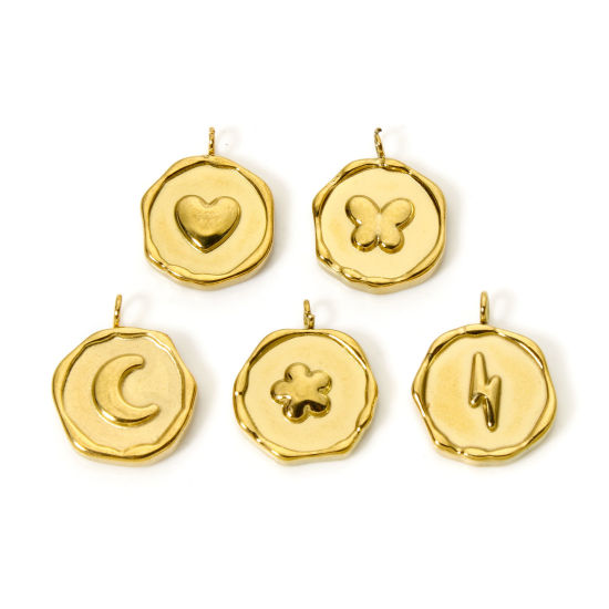 Imagen de 2 Unidades Recubrimiento al Vacío PVD Ecológico 304 Acero Inoxidable día de San Valentín Colgantes Ronda 18K Oro Real Chapado Luna 16mm x 13mm