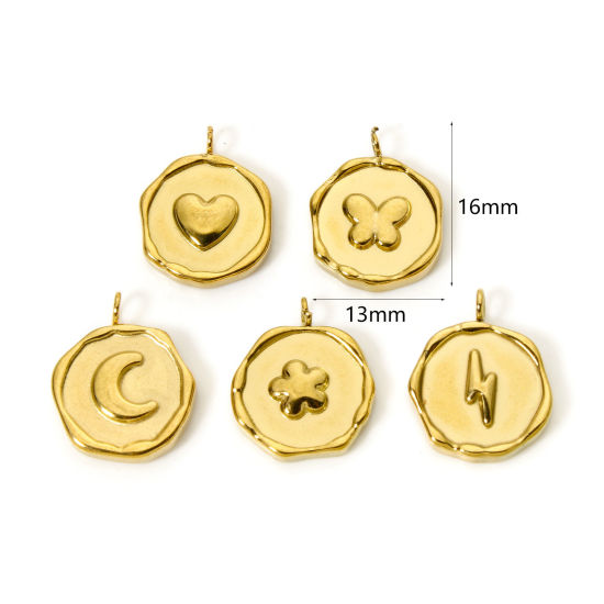 Imagen de 2 Unidades Recubrimiento al Vacío PVD Ecológico 304 Acero Inoxidable día de San Valentín Colgantes Ronda 18K Oro Real Chapado Luna 16mm x 13mm