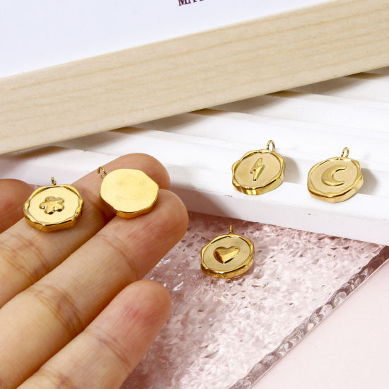Imagen de 2 Unidades Recubrimiento al Vacío PVD Ecológico 304 Acero Inoxidable día de San Valentín Colgantes Ronda 18K Oro Real Chapado Luna 16mm x 13mm