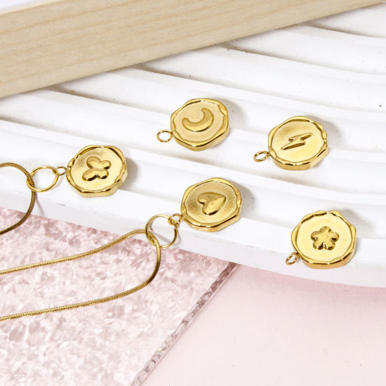 Imagen de 2 Unidades Recubrimiento al Vacío PVD Ecológico 304 Acero Inoxidable día de San Valentín Colgantes Ronda 18K Oro Real Chapado Luna 16mm x 13mm