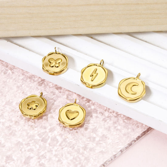 Imagen de 2 Unidades Recubrimiento al Vacío PVD Ecológico 304 Acero Inoxidable día de San Valentín Colgantes Ronda 18K Oro Real Chapado Luna 16mm x 13mm