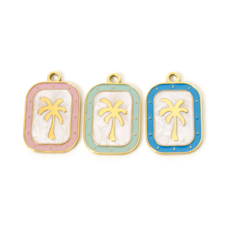 2 Unidades Recubrimiento al Vacío PVD Ecológico 304 Acero Inoxidable Colección Flora Colgantes Rectángulo 18K Oro Real Chapado Multicolor Árbol de Coco Esmalte 20mm x 13mm