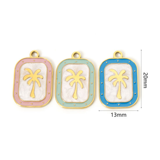 Image de 2 Pcs Breloques en 304 Acier Inoxydable Revêtement sous Vide PVD Respectueux de l'Environnement Collection Végétale Rectangle Plaqué Or Véritable 18K Multicolore Cocotier Émail 20mm x 13mm