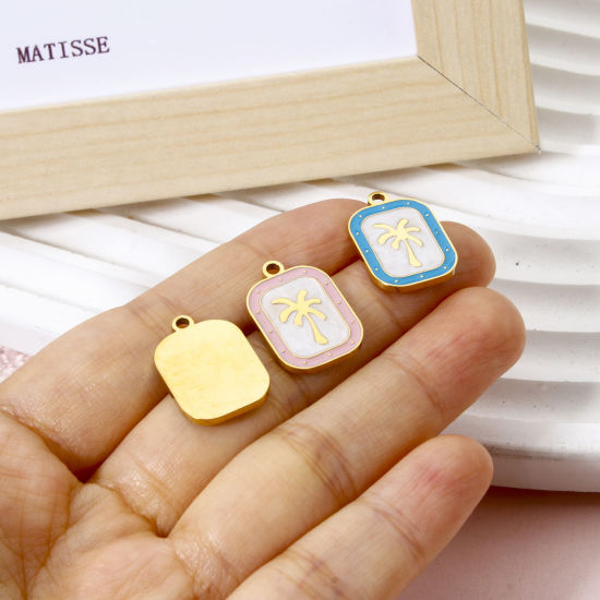 Image de 2 Pcs Breloques en 304 Acier Inoxydable Revêtement sous Vide PVD Respectueux de l'Environnement Collection Végétale Rectangle Plaqué Or Véritable 18K Multicolore Cocotier Émail 20mm x 13mm