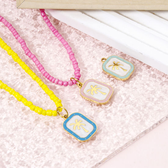 Image de 2 Pcs Breloques en 304 Acier Inoxydable Revêtement sous Vide PVD Respectueux de l'Environnement Collection Végétale Rectangle Plaqué Or Véritable 18K Multicolore Cocotier Émail 20mm x 13mm