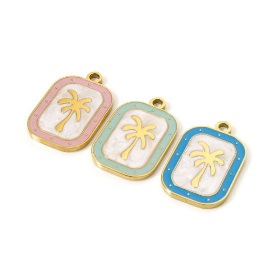 Image de 2 Pcs Breloques en 304 Acier Inoxydable Revêtement sous Vide PVD Respectueux de l'Environnement Collection Végétale Rectangle Plaqué Or Véritable 18K Multicolore Cocotier Émail 20mm x 13mm
