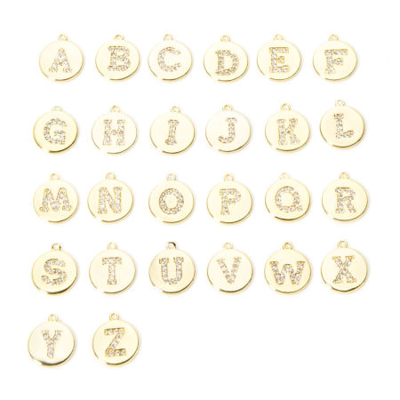 Brass Charms 18K Gold Plated Round Capital Alphabet Initial Letter Micro Pave Clear Cubic Zirconia 12mm x 10mm