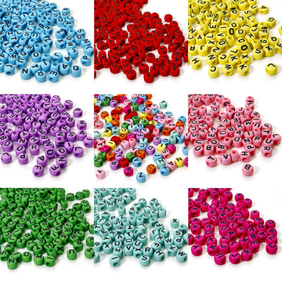 Imagen de 500 Unidades Acrílico Cuentas Para Hacer Joyas De Bricolaje Multicolor Plano Redondo Mezclado Al Azar Mensaje " A-Z " 7mm x 6mm, Agujero: Aprox 2.6mm