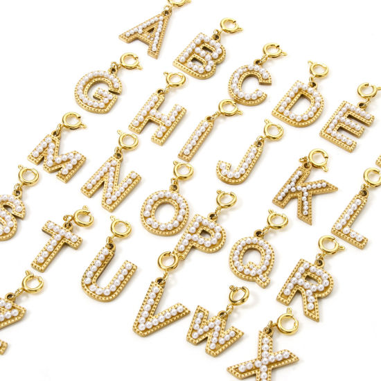 Picture of Eco-friendly PVD Vacuum Plating 304 Stainless Steel Charms 18K Gold Plated Capital Alphabet Initial Letter Message " A-Z " Acrylic Imitation Pearl 27mm x 12mm