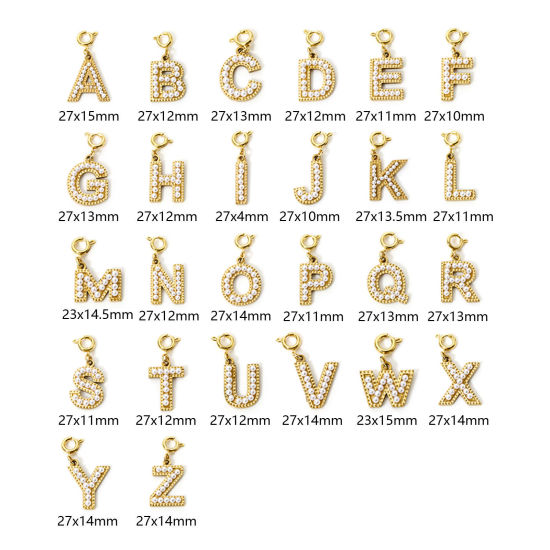 Picture of Eco-friendly PVD Vacuum Plating 304 Stainless Steel Charms 18K Gold Plated Capital Alphabet Initial Letter Message " A-Z " Acrylic Imitation Pearl 27mm x 12mm