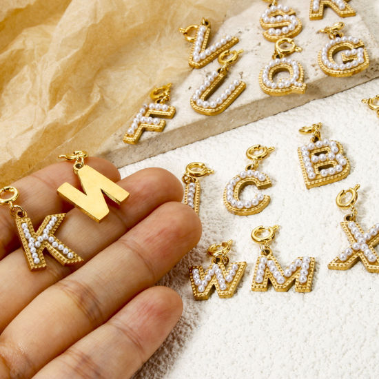 Picture of Eco-friendly PVD Vacuum Plating 304 Stainless Steel Charms 18K Gold Plated Capital Alphabet Initial Letter Message " A-Z " Acrylic Imitation Pearl 27mm x 12mm