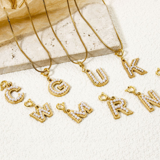 Picture of Eco-friendly PVD Vacuum Plating 304 Stainless Steel Charms 18K Gold Plated Capital Alphabet Initial Letter Message " A-Z " Acrylic Imitation Pearl 27mm x 12mm