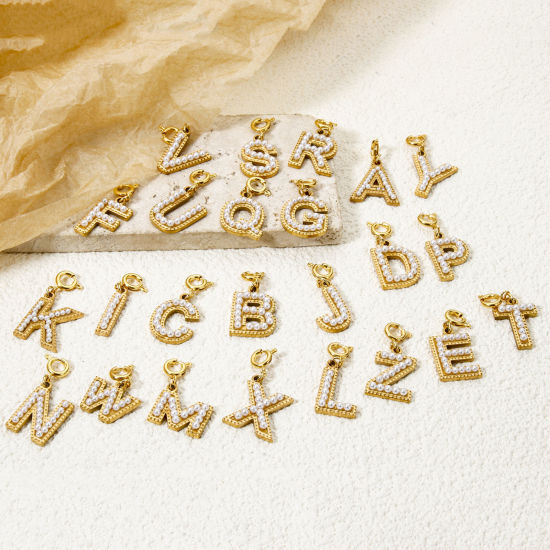 Picture of Eco-friendly PVD Vacuum Plating 304 Stainless Steel Charms 18K Gold Plated Capital Alphabet Initial Letter Message " A-Z " Acrylic Imitation Pearl 27mm x 12mm