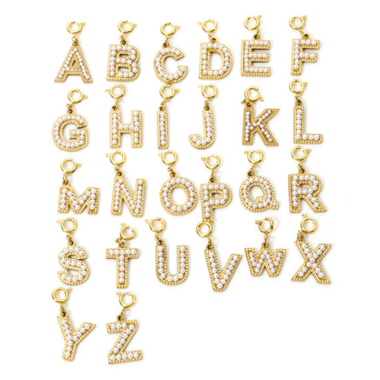 Picture of Eco-friendly PVD Vacuum Plating 304 Stainless Steel Charms 18K Gold Plated Capital Alphabet Initial Letter Message " A-Z " Acrylic Imitation Pearl 27mm x 12mm
