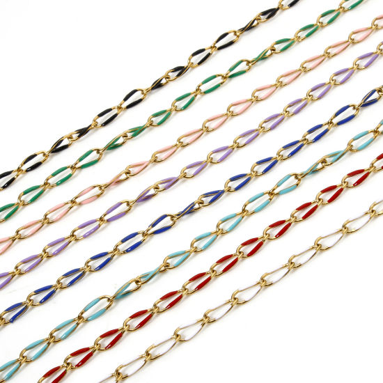 Picture of 1 M Eco-friendly 201 Stainless Steel Enamel Curb Link Chain For Handmade DIY Jewelry Making Findings Gold Plated Multicolor 9x4mm