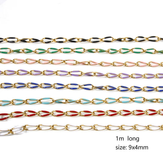 Picture of 1 M Eco-friendly 201 Stainless Steel Enamel Curb Link Chain For Handmade DIY Jewelry Making Findings Gold Plated Multicolor 9x4mm
