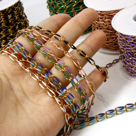 Picture of 1 M Eco-friendly 201 Stainless Steel Enamel Curb Link Chain For Handmade DIY Jewelry Making Findings Gold Plated Multicolor 9x4mm