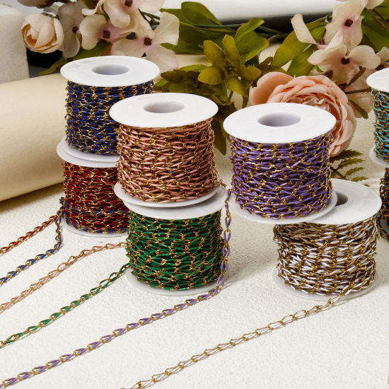 Picture of 1 M Eco-friendly 201 Stainless Steel Enamel Curb Link Chain For Handmade DIY Jewelry Making Findings Gold Plated Multicolor 9x4mm