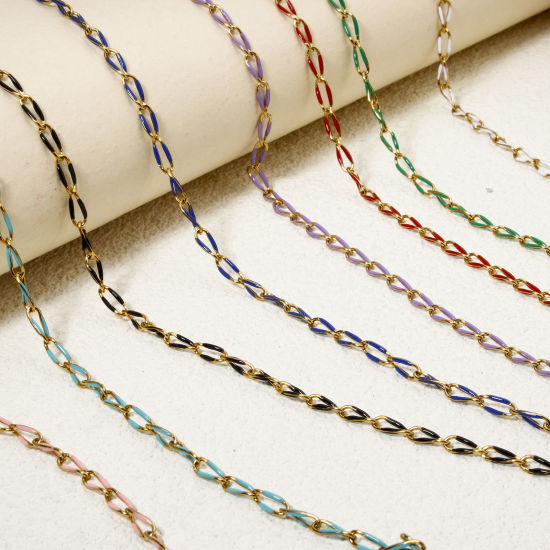 Picture of 1 M Eco-friendly 201 Stainless Steel Enamel Curb Link Chain For Handmade DIY Jewelry Making Findings Gold Plated Multicolor 9x4mm