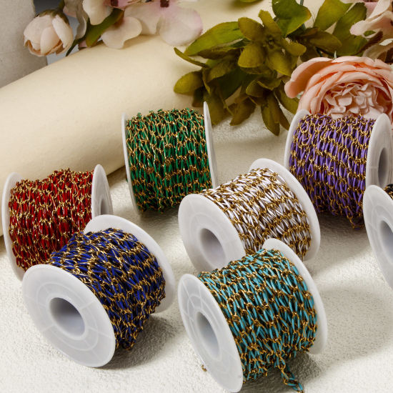 Picture of 1 M Eco-friendly 201 Stainless Steel Enamel Curb Link Chain For Handmade DIY Jewelry Making Findings Gold Plated Multicolor 9x4mm