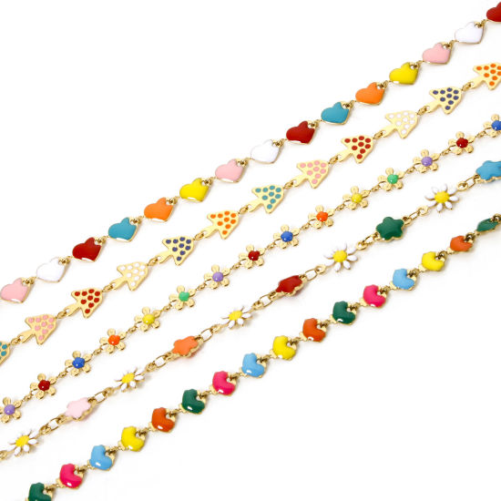 Imagen de 1 M Hipoalergénico 201 Acero Inoxidable día de San Valentín Cadena de Eslabones Hechos a Mano Para Accesorios Hechos a Mano para Hacer Joyas Flor Corazón Chapado en Oro Multicolor Esmalte