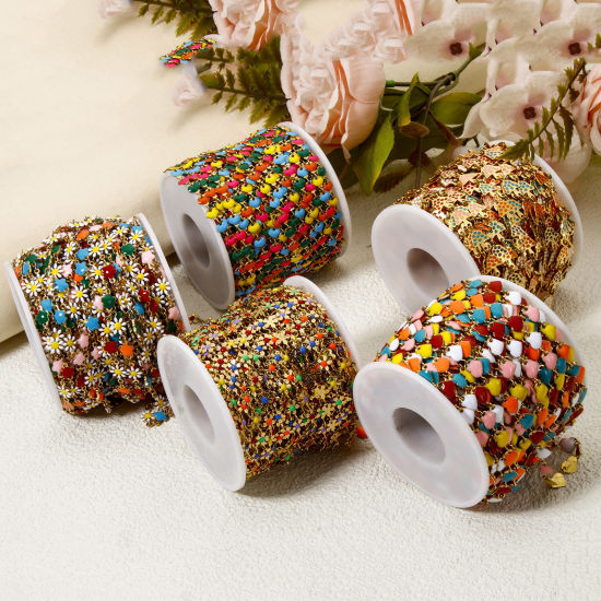 Imagen de 1 M Hipoalergénico 201 Acero Inoxidable día de San Valentín Cadena de Eslabones Hechos a Mano Para Accesorios Hechos a Mano para Hacer Joyas Flor Corazón Chapado en Oro Multicolor Esmalte