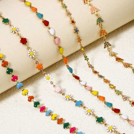 Imagen de 1 M Hipoalergénico 201 Acero Inoxidable día de San Valentín Cadena de Eslabones Hechos a Mano Para Accesorios Hechos a Mano para Hacer Joyas Flor Corazón Chapado en Oro Multicolor Esmalte